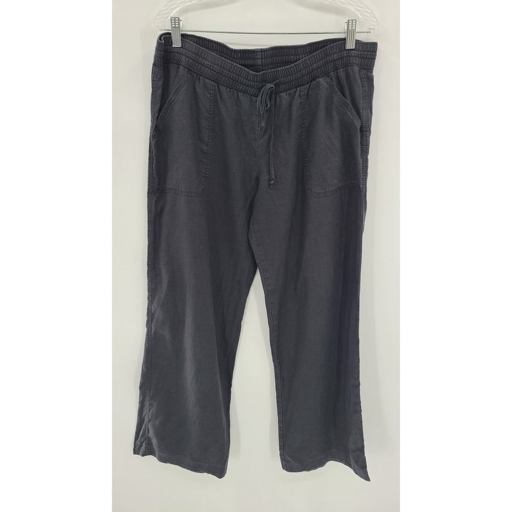 Allen Allen Pants Womens Pants Large Black 100% Linen Wide Leg Drawstring Casual